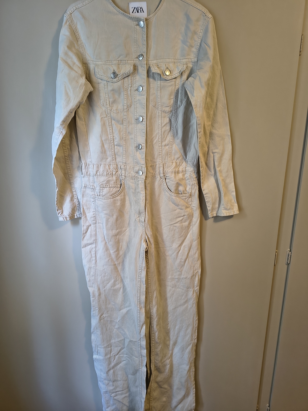 Zara Light Cream Button-Front Utility Jumpsuit